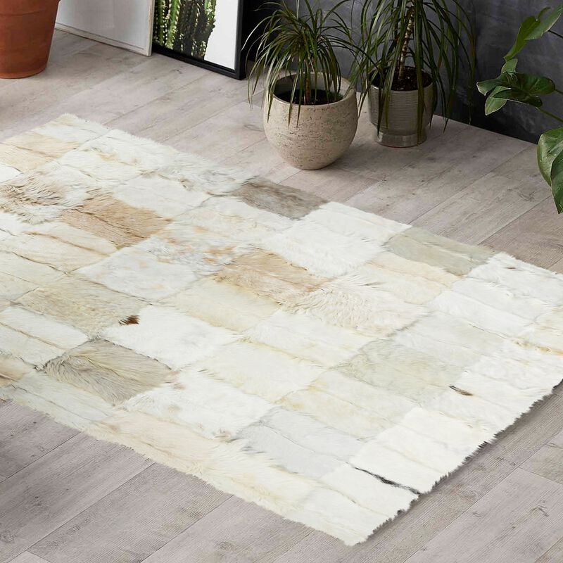 White Beige Patchwork Plush Rug - Soft Handmade Shaggy Carpet image number 4