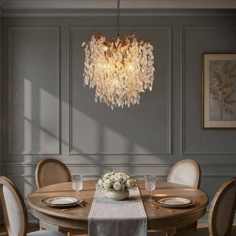 11-Light 22'' Modern Branch Chandelier with Glass Leaves in Painted Brass for Dining Room and Entryway image number 2