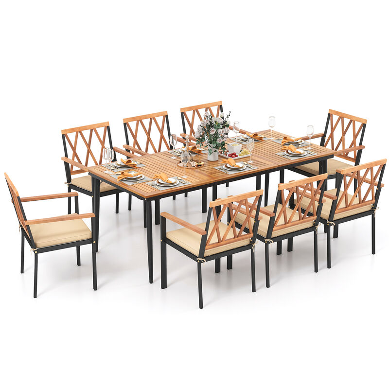 9 Pieces Patio Dining Set with Umbrella Hole and Seat Cushions