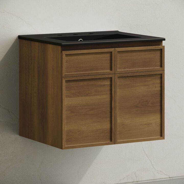 24" Wall-Mounted Bathroom Vanity in Brown Oak, Black 3-Hole Centerset Sink Top