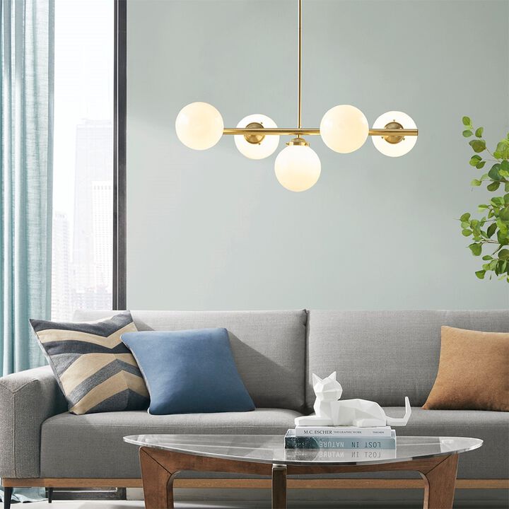 Gracie Mills Makenna 5-Light Brass Chandelier with Frosted Glass Globes