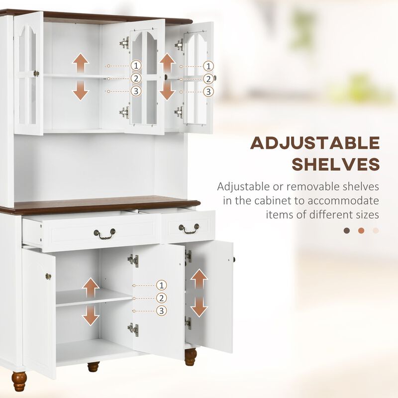 Kitchen Buffet with Hutch 6 Door 2 Drawer Adjustable Shelves, White