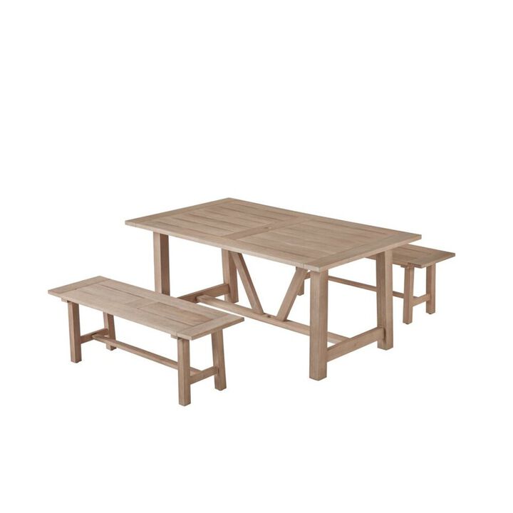Best Quality Furniture Rustic Light Oak Outdoor Dining Set - Acacia Wooden Table with 2 Wood Benches
