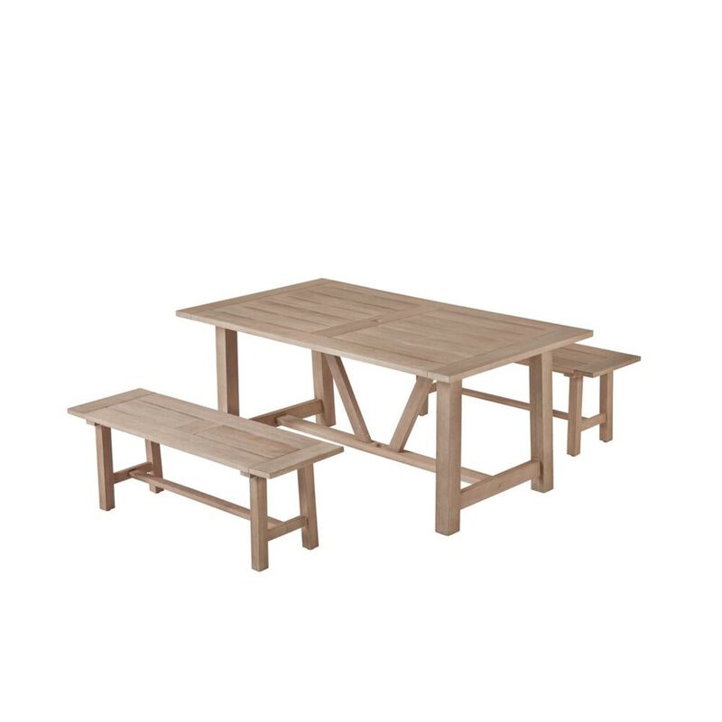 Best Quality Furniture Rustic Light Oak Outdoor Dining Set - Acacia Wooden Table with 2 Wood Benches