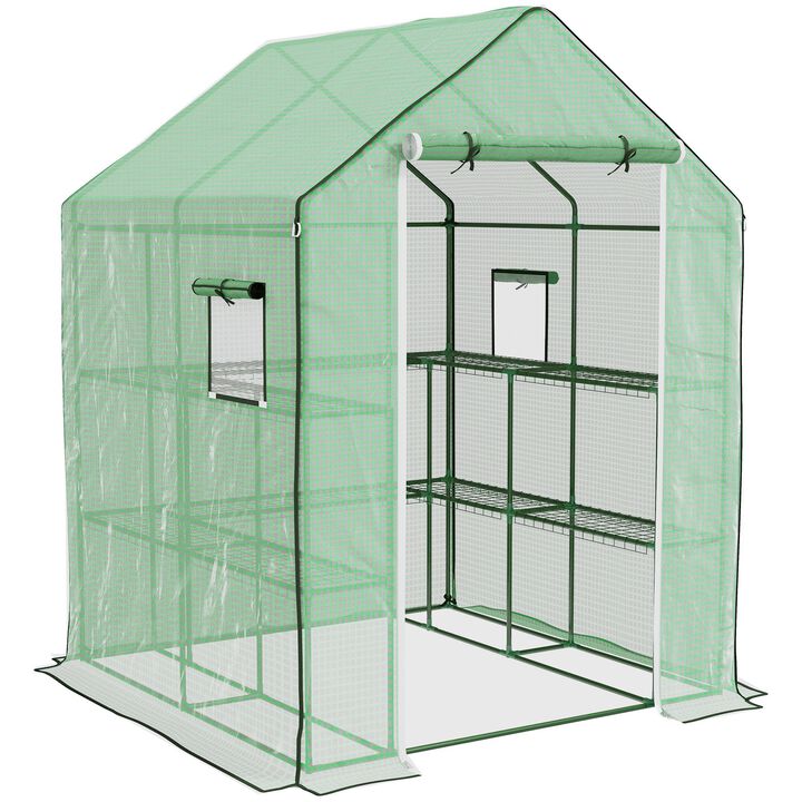 Outsunny 4.6' x 4.7' Portable Greenhouse, Water/UV Resistant Walk-In Small Outdoor Greenhouse with 2 Tier U-Shaped Flower Rack Shelves, Roll Up Door & Windows, White