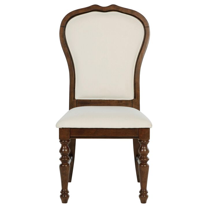 Monta Dining Side Chair Set of 2, Classic Brown Wood, Ivory Fabric - Benzara