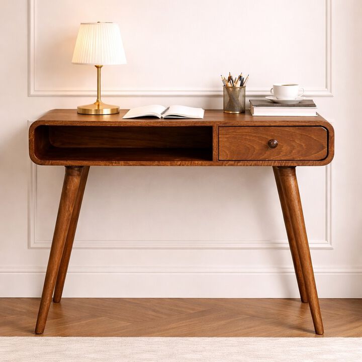 Artisan Furniture Solid Wood Curved Writing Desk, 1 Drawer and Shelf, Brown