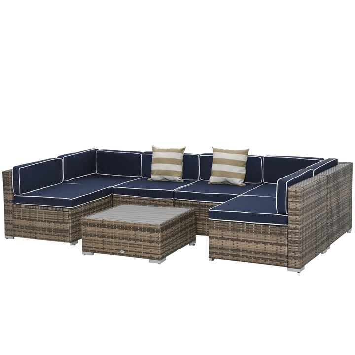 7-Piece Patio Furniture Sets Outdoor Wicker Conversation Sets PE Rattan Sectional sofa set with Cushions & Slat Plastic Wood Table, Blue