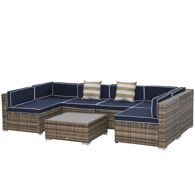 7-Piece Patio Furniture Sets Outdoor Wicker Conversation Sets PE Rattan Sectional sofa set with Cushions & Slat Plastic Wood Table, Blue image number 1
