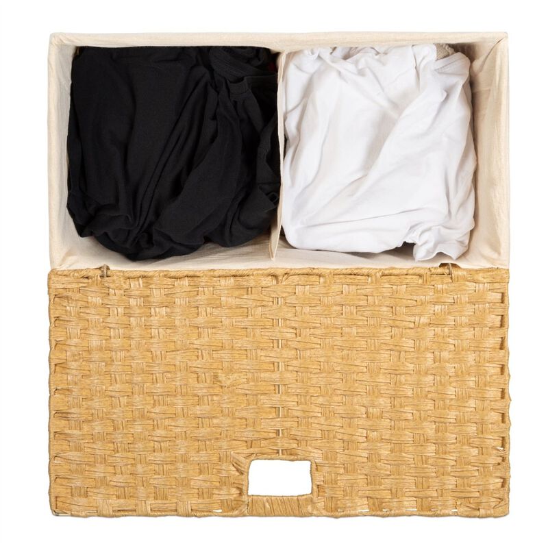 QuikFurn Folding 2-Bin Natural PE Wicker Linen Liner Laundry Hamper w/ Handles