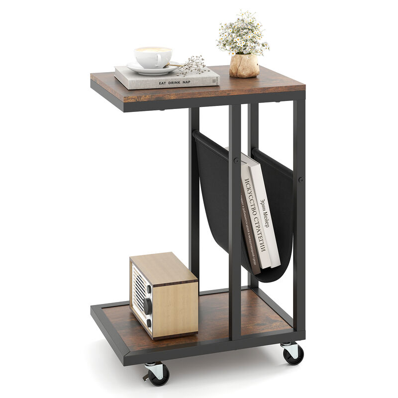 C-Shaped End Table with Metal Frame and Fabric Storage Pocket