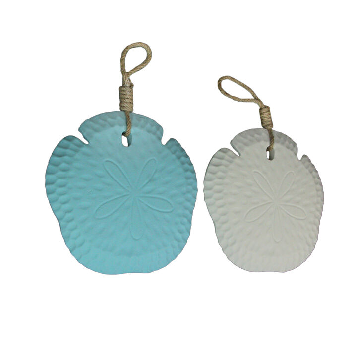Set of 2 Wooden Sand Dollar Wall Hangings &ndash; Coastal Blue and White Decorations