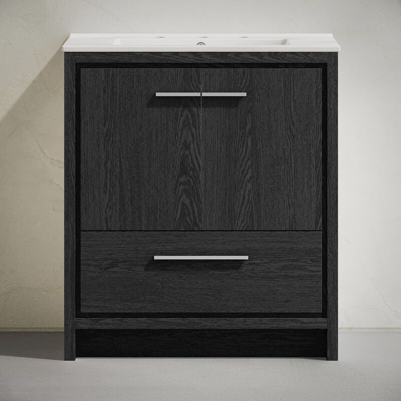 30" Freestanding Bathroom Vanity in Black Oak with 3-Hole Widespread Sink Top image number 3