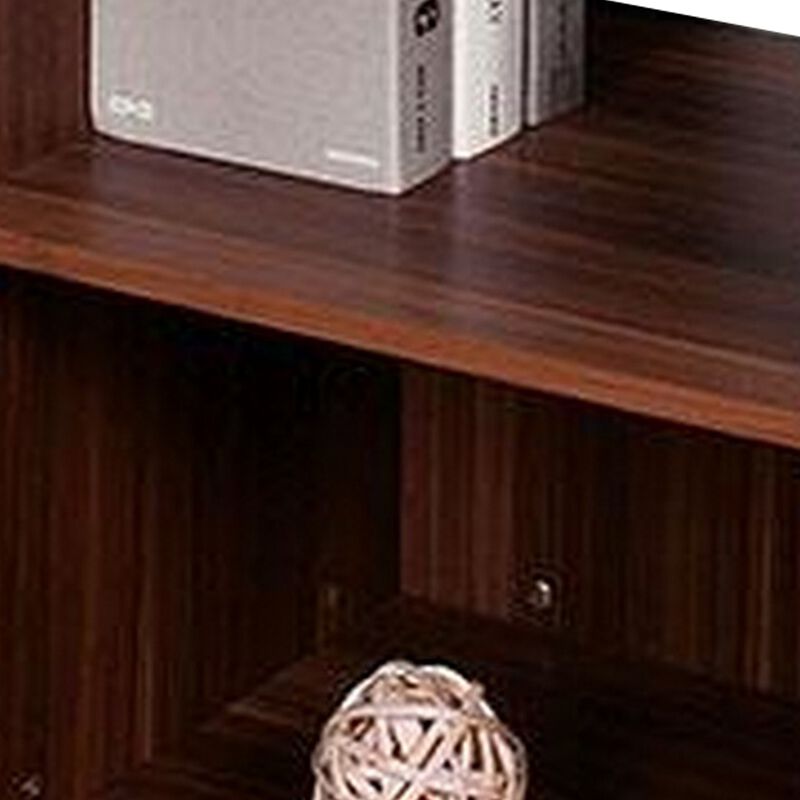 Bere 47 Inch Sofa Table with Black Glass Top, Open Shelves, Brown Wood