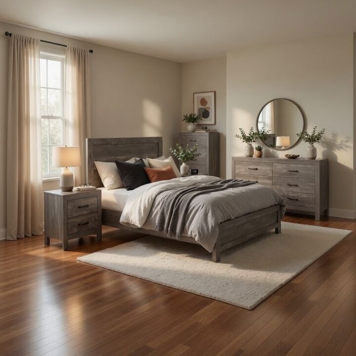 King Bedroom Set, Farmhouse Style, Gray, 5 Piece Set with 2 Nightstands, Dresser, and Chest