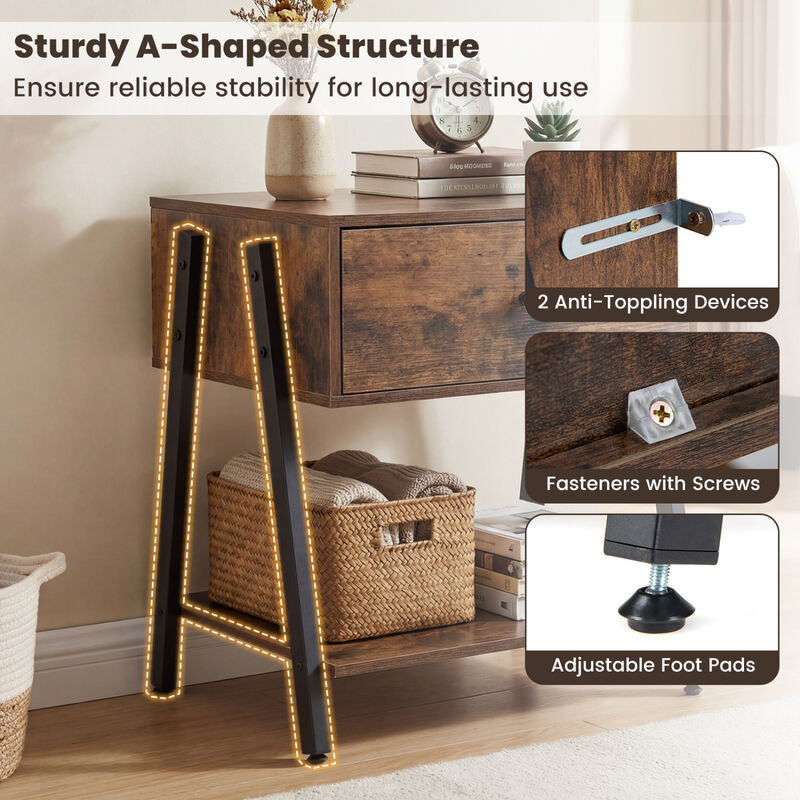 2-Pack Industrial Nightstand Set with Adjustable Foot Pads Storage image number 3