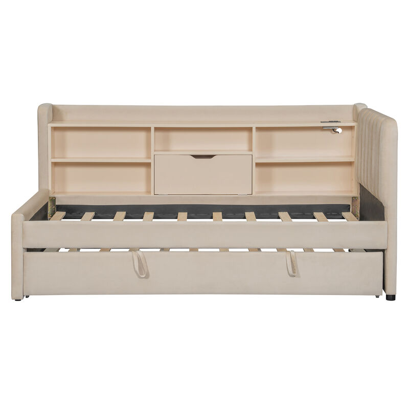 Merax Twin Size Upholstered Daybed with Pull-Up Trundle