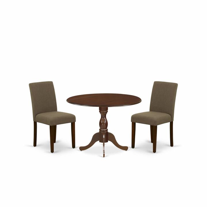 East West Furniture DMAB3-MAH-18 3 Piece Dinning Room Table Set Contains 1 Drop Leaves Wood Dining Table and 2 Coffee Linen Fabric Parson Chairs with High Back - Mahogany Finish