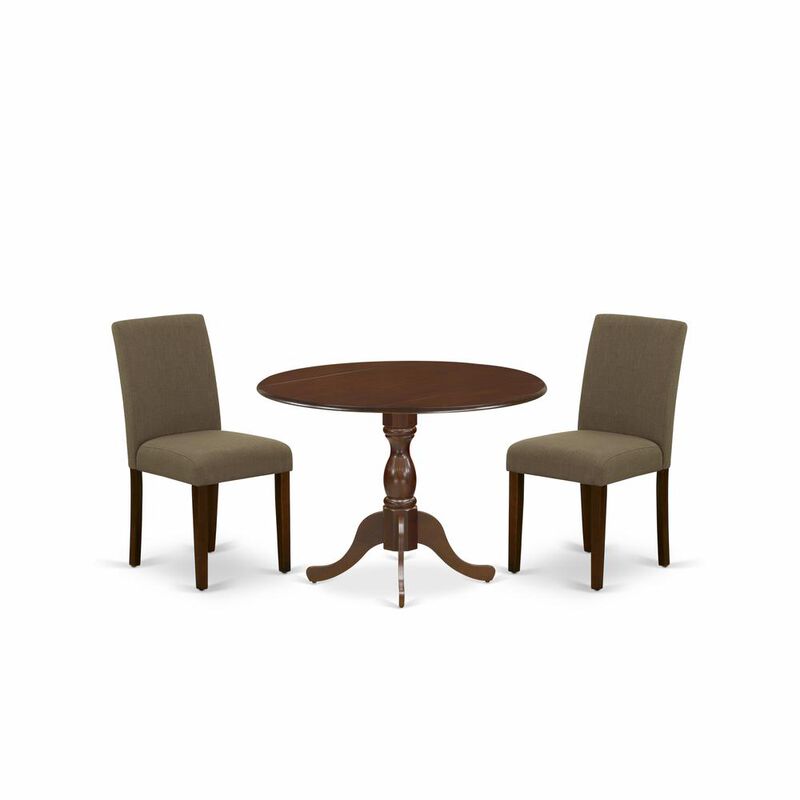 East West Furniture DMAB3-MAH-18 3 Piece Dinning Room Table Set Contains 1 Drop Leaves Wood Dining Table and 2 Coffee Linen Fabric Parson Chairs with High Back - Mahogany Finish