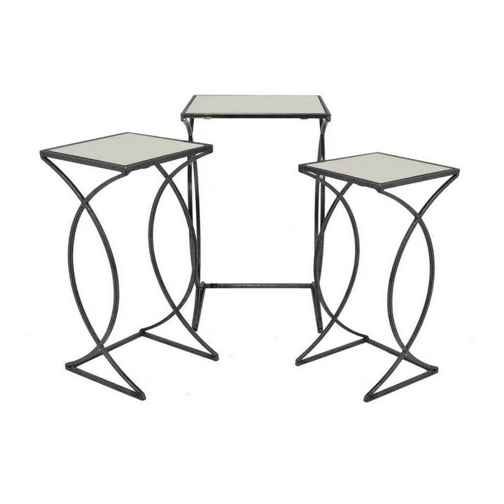 Rikki Plant Stand Table Set of 3, Curved Base, Modern Black Finished Metal - Benzara