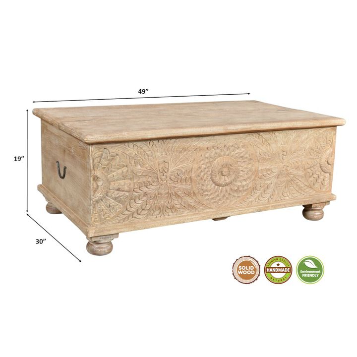 Taran Designs Elowen Floral Carved Solid Wood Coffee Table with Storage