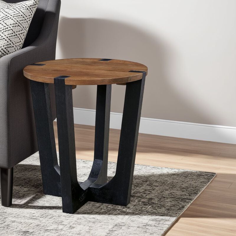 Leyi Round Side End Table, Black Angled Legs, 22 Inch Brown Mango Wood