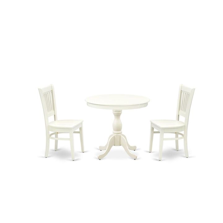 AMVA3-LWH-W - 3-Pc Dining Room Table Set- 2 Dining Room Chair and Dining Table - Wooden Seat and Slatted Chair Back (Linen White Finish)