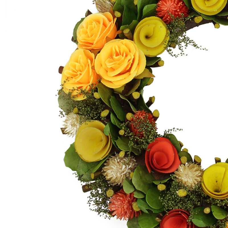 12" Orange and Yellow Flowers with Moss and Twig Artificial Floral Spring Wreath - Unlit