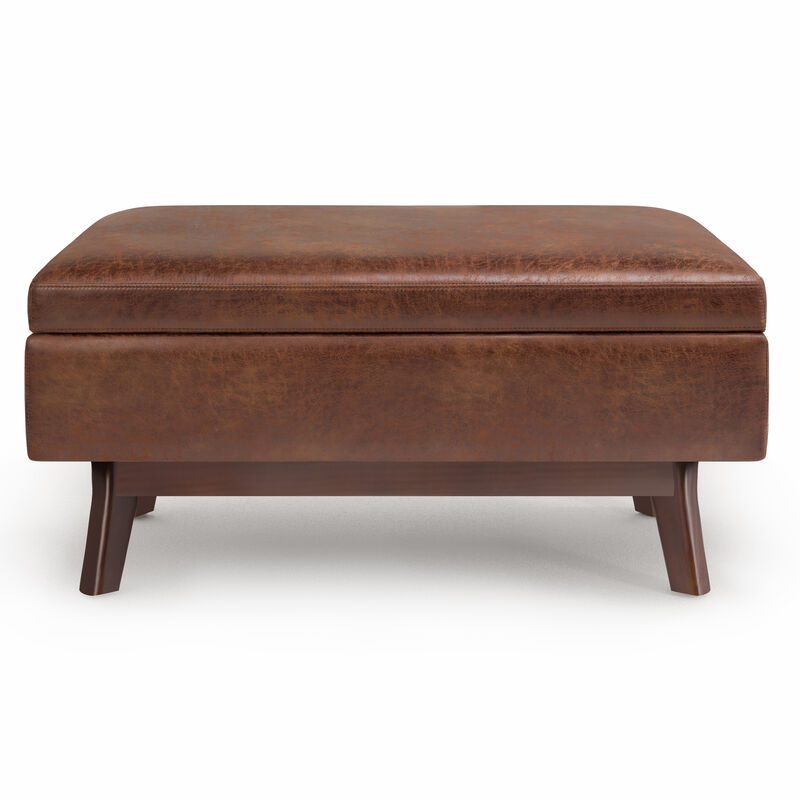 Owen Small Rectangular Storage Ottoman in Distressed Saddle Brown Faux Air Leather