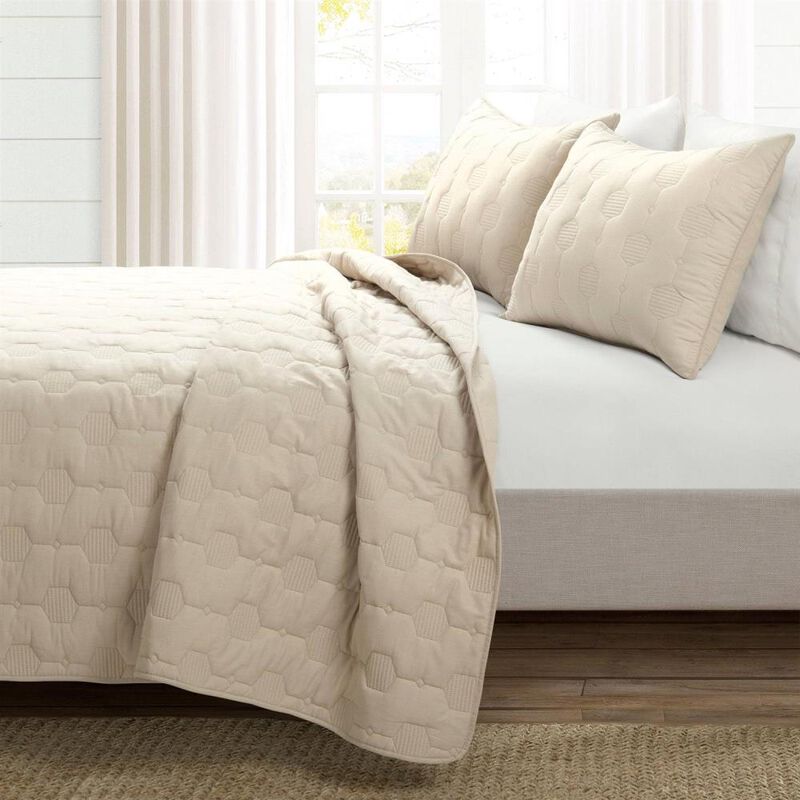 Hivvago King/California King size Lightweight Beige Textured Cotton 3 Piece Quilt Set