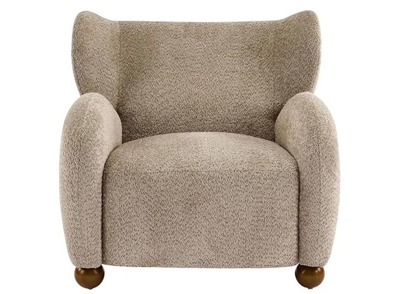 Accent Chair &ndash; Light Brown Boucle Wingback Armchair with Cushion & Walnut Frame image number 0
