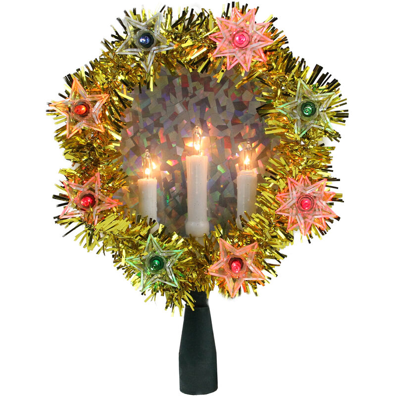 7" Lighted Gold Tinsel Wreath with Candles Christmas Tree Topper - Multi Lights