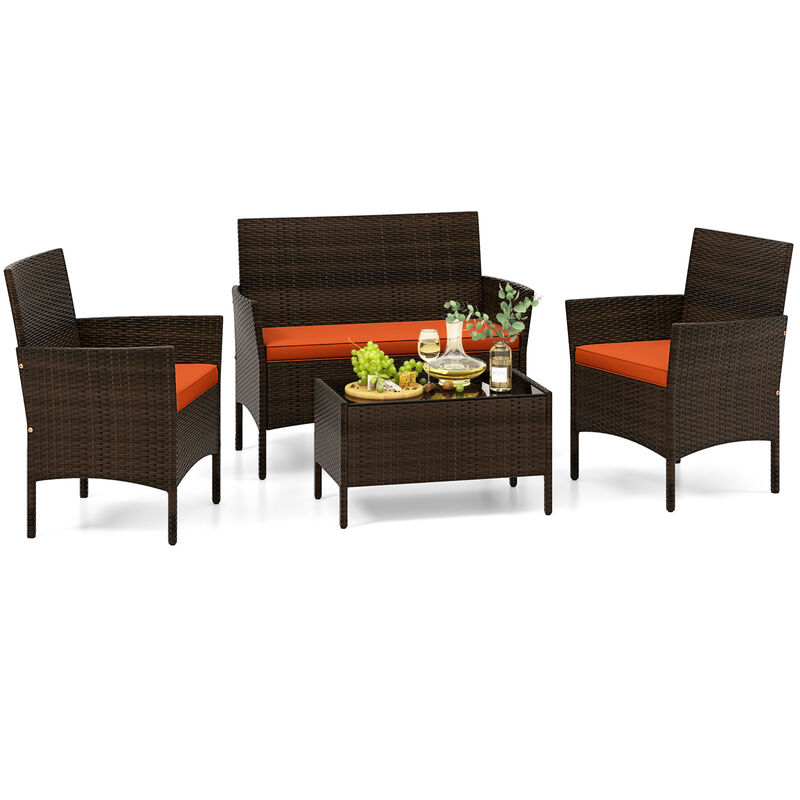 4 Piece Patio Rattan Conversation Set with Cozy Seat Cushions