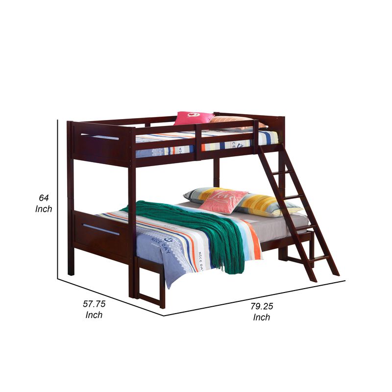 Amey Twin over Full Bunk Bed, Guard Rails, Attached Ladder, Brown Wood - Benzara