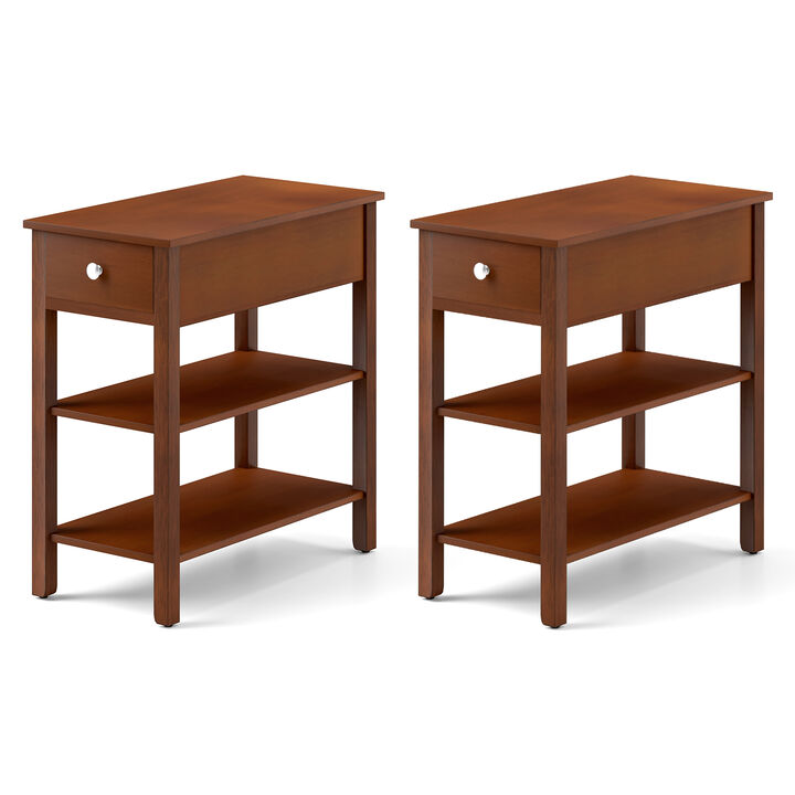 3-Tier Narrow End Table with Drawer and Storage Shelves, Set of 2 for Compact and Organized Living Spaces