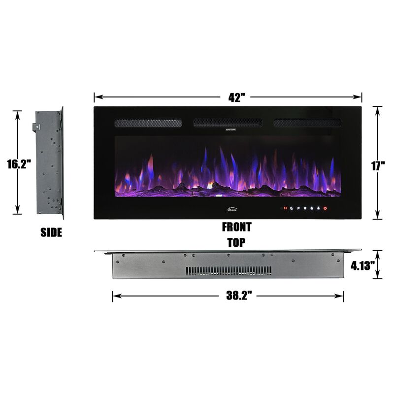 Clihome 42in 750/1500W Wall Mount/Recessed Electric Fireplace Fire Places Electric Fireplace Inserts with Timer, Remote Control, Adjustable Flame Color