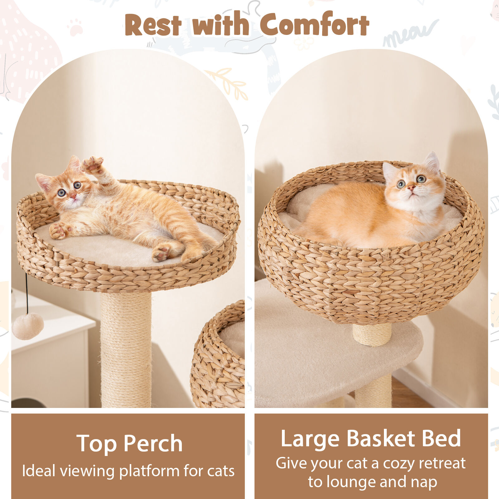 バステトみたいな ガーネット キャット トレー Modern Rattan Cat Tree with Elevated Napping Perch - Stylish Cat