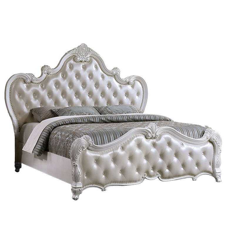 Venta Queen Size Bed, Pearl White Button Tufted Faux Leather Upholstery - Benzara