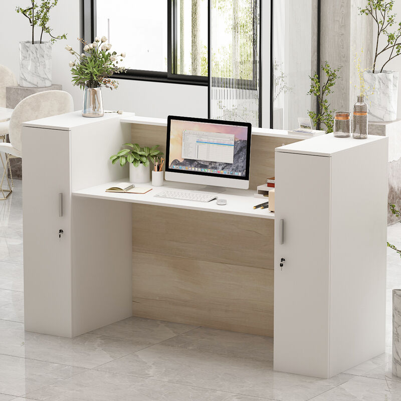 FUFU&GAGA Reception Desk with Dual Cabinets and Open Workspace, (70.9" W x 23.6" D x 43.3" H),White and Brown