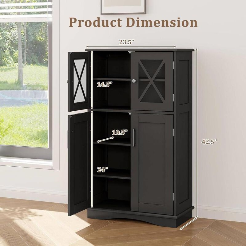 Hivvago Black Bathroom Towel Linen Cabinet with Glass Doors and Storage Shelves