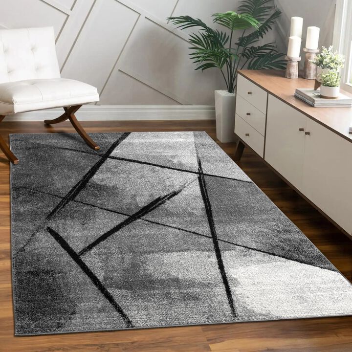 Modern Abstract Area Rug with Black Stripes and Grey Shades