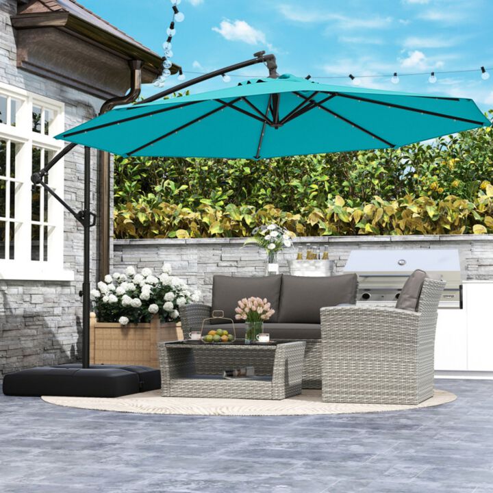 10 Feet Solar Offset Hanging Umbrella with Base and 32 LED Lights-Taupe