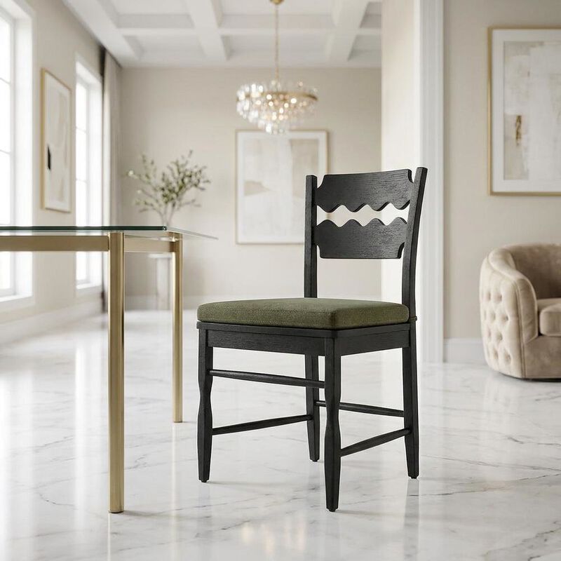 Oak Wood Dining Chair with Wavy Razor Back and Seat Cushion, Black Sage image number 4