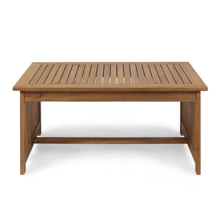 Gerry Outdoor Coffee Table, 40 Inch Rectangular Slat Brown Acacia Wood - Benzara
