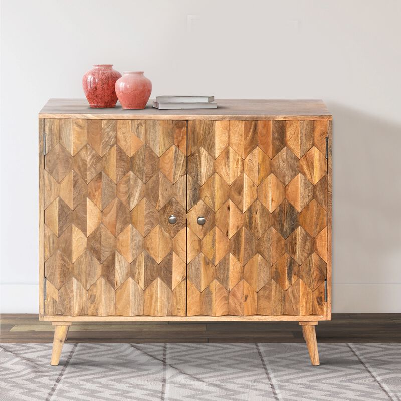36 Inch Handcrafted Accent Cabinet, 2 Honeycomb Inlaid Doors, Mango Wood, Natural Brown-Benzara image number 8