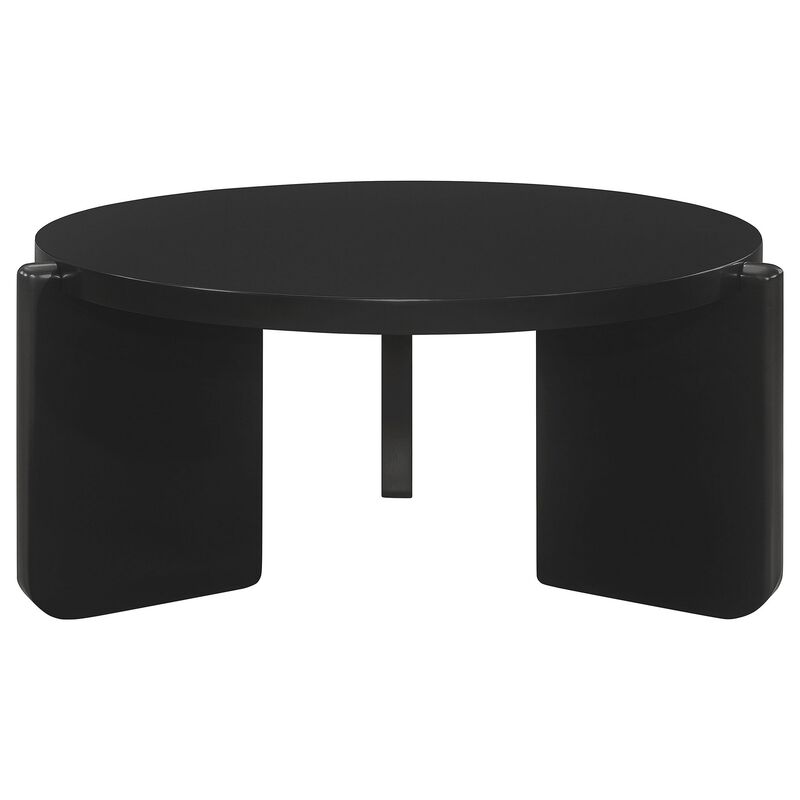 Kiya Coffee Table, 39 Inch Round Top, Black Solid Wood Frame, Panel Legs