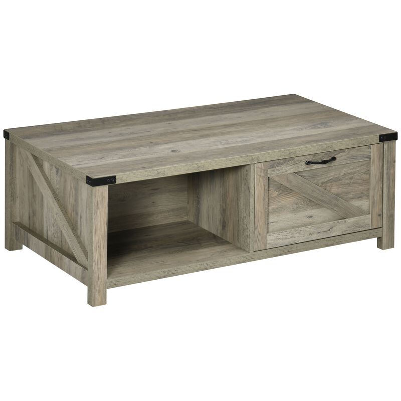 Farmhouse Coffee Table with Storage and Drawer, Rustic Coffee Table for Living Room, Open Shelf, Grey Oak image number 1