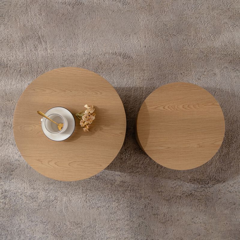 Modern Round Drum Nesting Coffee Table Set of 2, Wooden Cylinder Coffee Tables for Living Room, Space-Saving Design image number 3