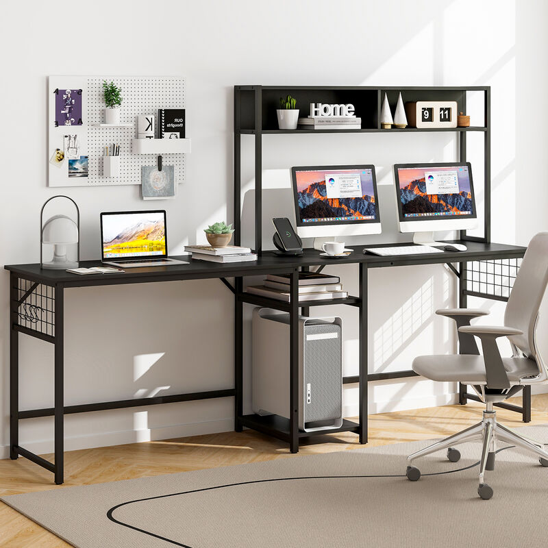 L-shaped Desk with Power Outlet Hutch