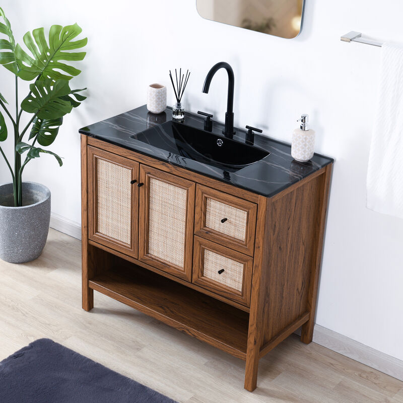 Jasper 36 in. W x 18 in. D x 33 in. H Rattan Modern Coastal 2-Shelf Bath Vanity Cabinet Only (Sink Basin Not Included)